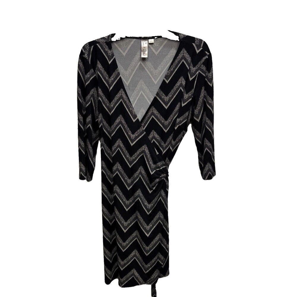 Emma Michele Women Black Tan Zigzag Print V Neck Wrap Dress L Stretch